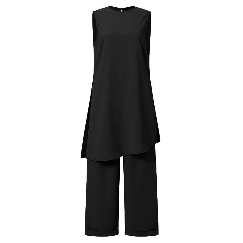 suit set Fashion 2pcs Sets Women Asymmetrical Side Slit Sleeveless Long Tank Top Casual Folding Wide Leg Trousers Celmia Street Pant Sets suit set Suits & Blazers