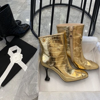 

Gneuien Leather Brand women Boots Gold Black Autumn Winter Boots Women Sexy Booties Stiletto High Heels Boots Combat Boots 2021