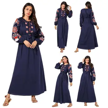 

Dubai Muslim Women Embroidery Abaya Long Maxi Dress Arab Casual Islamic Kaftan Puff Sleeve Autumn O-neck 2019 Fashion Dress New