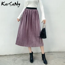 Женская зимняя юбка плиссированная Макси Зеленая винтажная длинная трапециевидная бархатная юбка для женщин осенняя Женская плиссированная юбка женская зимняя