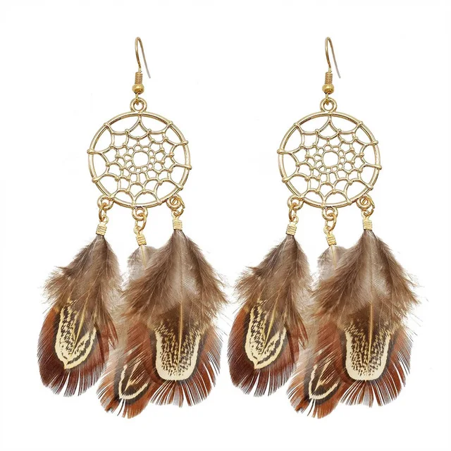 Fancy Hollow Dream Catcher Leaf Feather Shiny Crystals Drop Dangle Earrings For Women Party Jewelry Korean Hanging CZ Earrings Brown