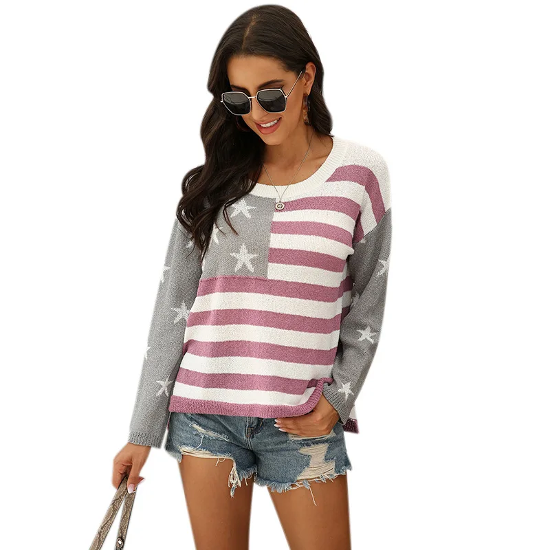 

2020 Autumn and Winter New Products Women's European and American Casual Striped Sweater American Flag Off-shoulder Sweater