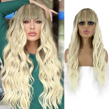 

28 Inch Long Wavy Wig with Bangs for Women Ombre Blonde Wavy Wigs Synthetic Wigs Heat Resistant Hair for Daily Party Cosplay