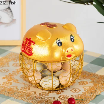 

Chinese Style Golden Pig Ceramic Storage Basket Iron Woven Egg Basket Creativity Desktop Decoration Household Storage Tools