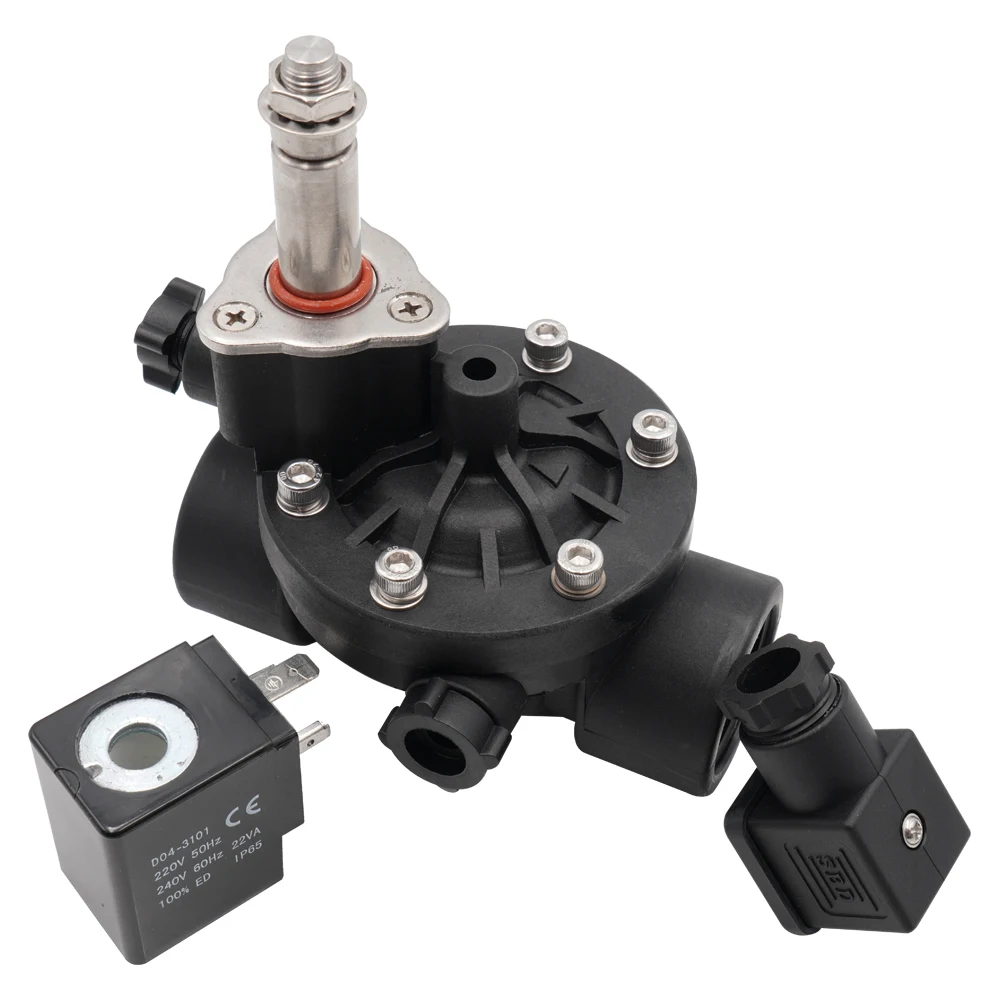 평상시 닫힘 또는 열림 AC220V 양방향 파일럿 작동 플라스틱 솔레노이드 밸브, 수동 스위치 및 유량 조절 물 밸브