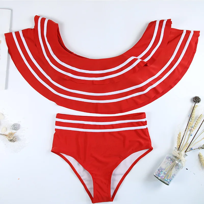 Новинка, летний женский купальник в черно-белую полоску с оборками, комплект бикини из двух частей, купальник с открытыми плечами, сексуальный пляжный купальник Biqiuni - Цвет: red