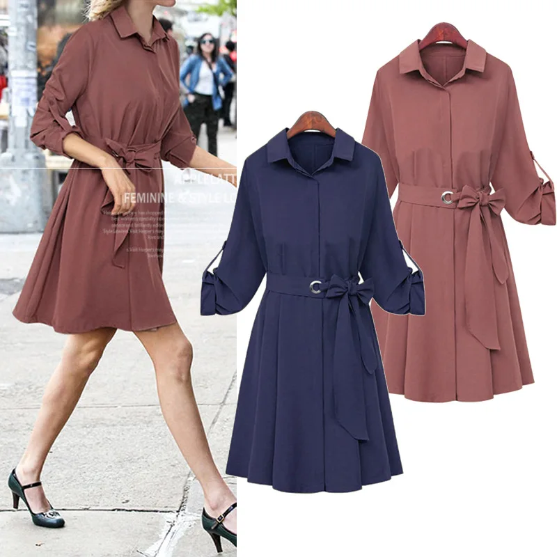 

Women Dress 2019 Autumn and Winter New Large Size Dress Solid Color Wild Waist Dresses