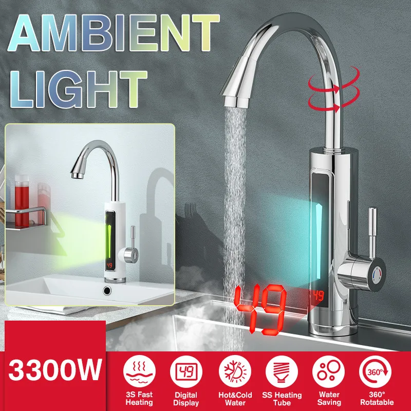 Grifo con calentador de agua instantáneo eléctrico, 3300W, pantalla de temperatura, 360 grados, giratorio, de calefacción instantánea, para baño y cocina