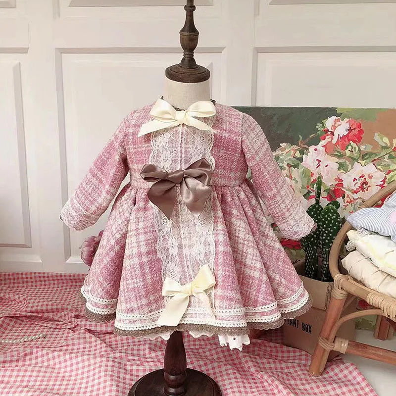 Клетчатое вязаное шерстяное платье для девочек с мелким ароматом Детские платья для девочек с длинными рукавами, винтажное кружевное розовое праздничное платье принцессы в стиле Лолиты