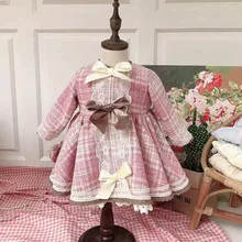 Клетчатое вязаное шерстяное платье для девочек с мелким ароматом Детские платья для девочек с длинными рукавами, винтажное кружевное розовое праздничное платье принцессы в стиле Лолиты