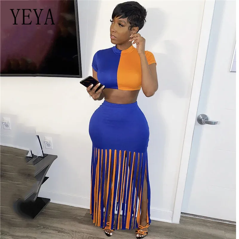 

YEYA Summer Women Two Piece Set Beach Tassel Dresses Crop Tops+Skirts Suits Sexy Hollow Out Night Club Party Maxi Dress