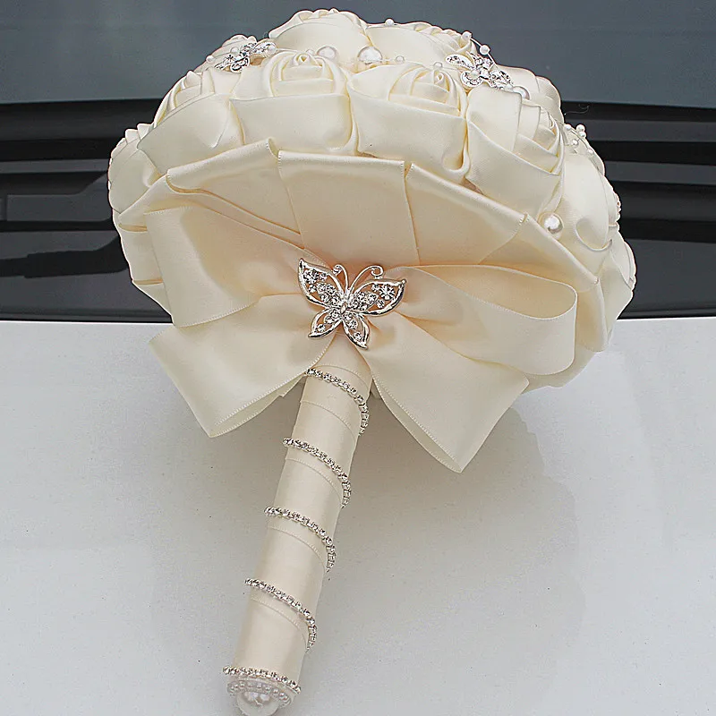Hermoso ramo de Cristal Marfil boda broche с бантом boda decoraciOn flores artificiales ramos de novia boda W252-17