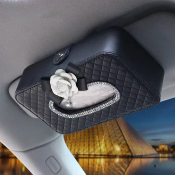 

Camellia Rhinestone Car Sun Visor Type Car Tissue Box Holder Leather Diamante Interior Floral Paper Towel Storage Accessories