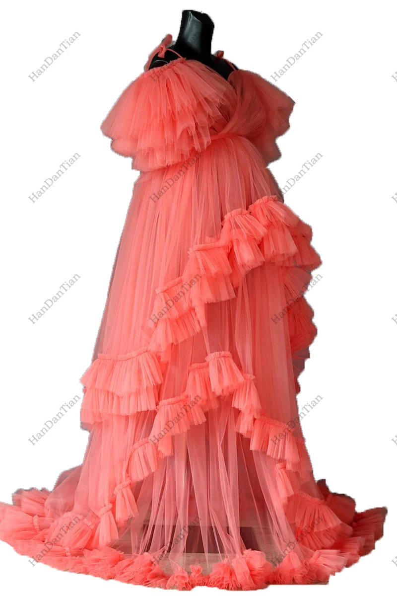 2021 Maternity Dress for Photoshoot Sheer Long Tulle Robe with Ruffles Off the Shoulder Gown