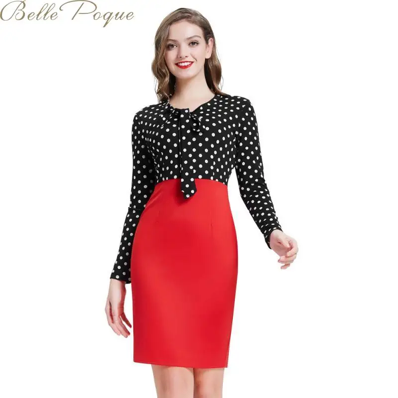 Женское винтажное платье карандаш belle poque офисное облегающее в горошек с бантом
