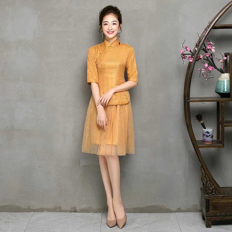 2 Pieces Set Elegant Cheongsam Half Sleeve Gray Bridesmaid Dress for Women Vestido Dresses Prom Guest Party Dresses Qipao Sister - Цвет: B3 short gold