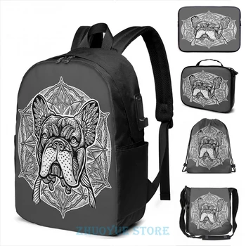 

Funny Graphic print Frenchie Bulldog Mandala USB Charge Backpack men School bags Women bag Travel laptop bag