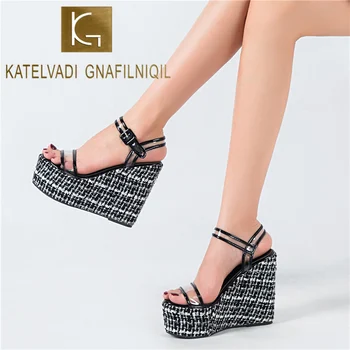 

KATELVADI Super High Heel Ladies PVC Sandals 13cm Wedges Sandals Women Outdoors Summer Peep Toe Fashion Beach Shoes YW013