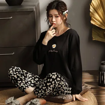 

Good Quality Goods Black Daisy Pajamas Ladies Spring And Autumn Long-Sleeved Plus Size Girls Cotton Home Clothes
