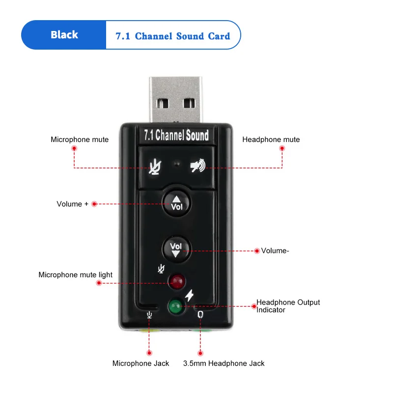 Asunflower, 3D аудио адаптер, USB Звуковая карта для компьютера, 7,1 каналов, внешняя звуковая карта с 3,5 мм гарнитурой, микрофоном для Windows 7 8