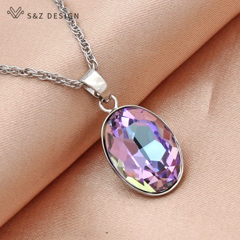 S&Z DESIGN New Fashion Egg Shape Oval Crystal Pendant Necklace For Women Wedding 585 Rose Gold Color Jewelry