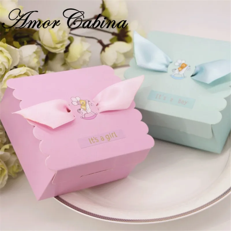 

50pcs Wedding boy/girl candy box baptism baby shower birthday event activity party supplies packaging holder with ribbon