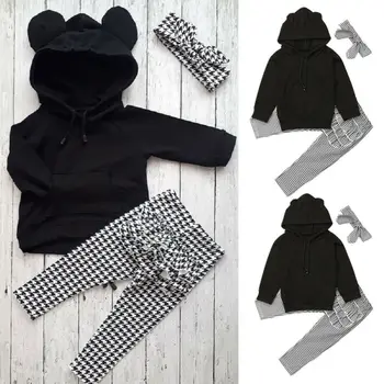 

Toddler Kids Baby Girl Hooded Tops Plaid Pants Leggings 3pcs Outfits Set Clothes