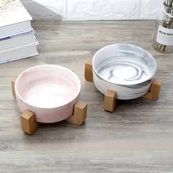 

MeterMall Marbling Ceramic Bowl with Wooden Rack for Pet Food Water Drinking Feeder