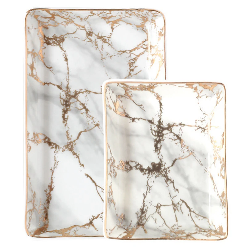 

2 Pcs Marble Tray Ceramic Jewelry Storage Tray Dinner Set Gold Porcelain Dessert Plate Steak Fruit Snack Food Plate Decoration