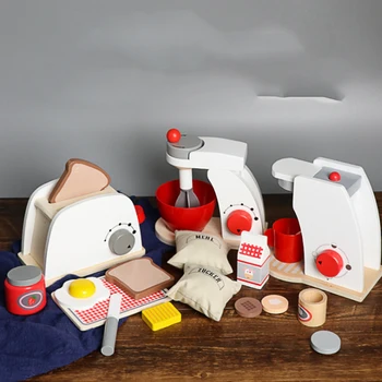 

Kids Wooden Pretend Play Sets Simulation Toasters Bread Maker coffee machine Blender Baking Kit Game mixer Kitchen role toy