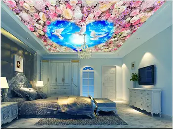 

Custom ceiling wallpapers 3d ceiling mural Blue sky and white clouds white dove flower heart-shaped ceiling decorative painting