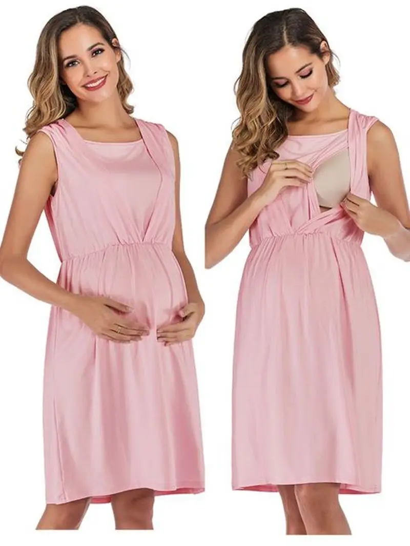 

Breastfeeding Maternity Dress Sleeveless Solid Nursing Pregnacy Clothes for Pregnant Women Feeding Boat Neck Maternity Dresses