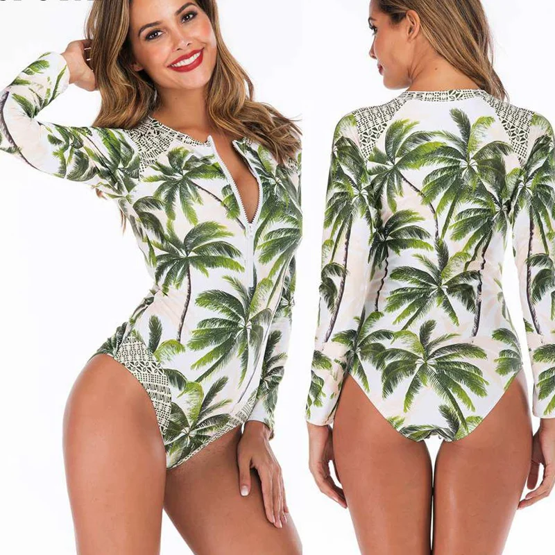 2020 New Women One Piece Rash Guard Long Sleeve Swimwear Push Up Bathing Suit Plus Size Swimsuit Vintage Surfing Swim Suits XXL