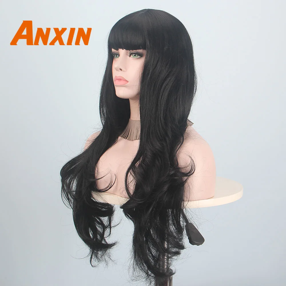 Anxin длинные черные парики для черных женщин волнистые волосы с челкой