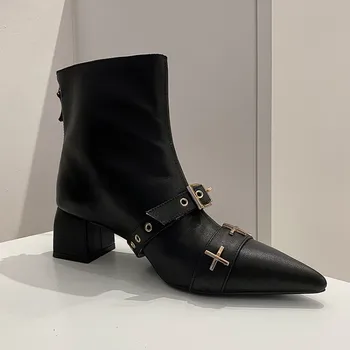 

Womens Pointed Toe Cross Decor Ankle Boots Genuine Leather Block Heel Chelsea Belt Buckle Shoes Black White New