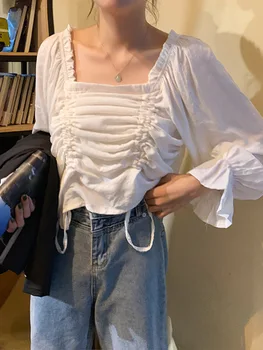 

Very Immortal French Xiaozhong Long Sleeve Shirt Women's Early Autumn New Korean Version Folded String Shirt Chic Short Top