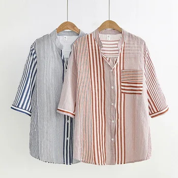 

Big Code Women's Wear Top 2020 Summer Dress Fat Mm Loose Slim Stripes Short Sleeve Shirt Shirt Cardigan 8072
