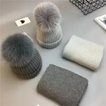Милые Детские Девочки помпон зимние наборы шарф шапка натуральный шарик из меха лисы мать дети теплые вязаные шапки бини родитель-Детские шапочки