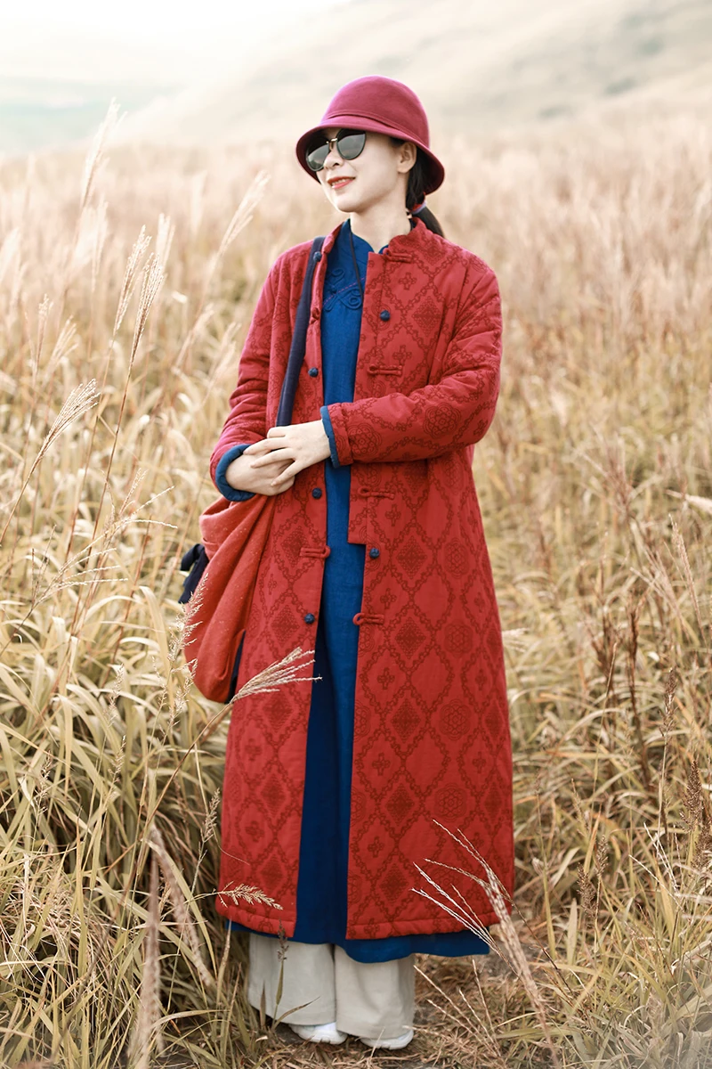 LZJN 2019 Winter Jacket Women Stand Collar Quilted Overcoat Long Chinese Parka Jacquard Autumn Coat Pocket Winterjas  (22)