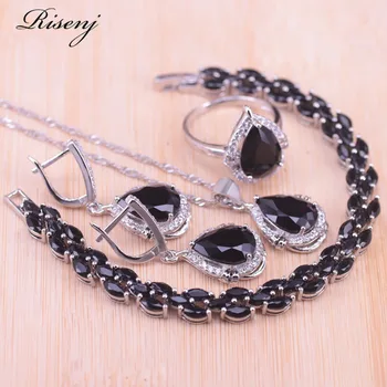 

Risenj Black Stone Silver Color Costume Jewelry Set For Women Earrings Ring Necklace Bracelet Set Pretty Present
