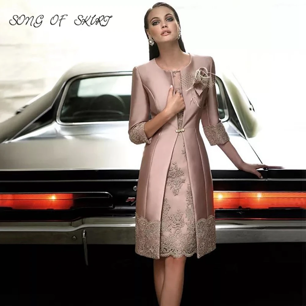 Elegant Two Piece Suit Satin Mother Of The Bride Dresses Lace Knee Length Wedding Guest Gown Custom Made Formal Occasion Gown