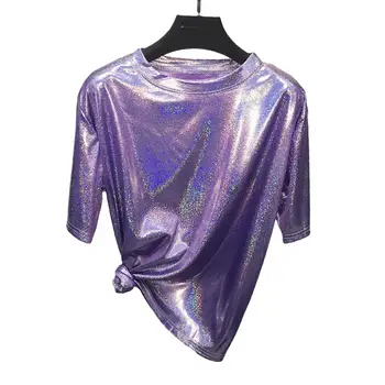 

Women Casual Solid Color O Neck Short Sleeve Shiny Loose Bottoming Top T-shirt 2020