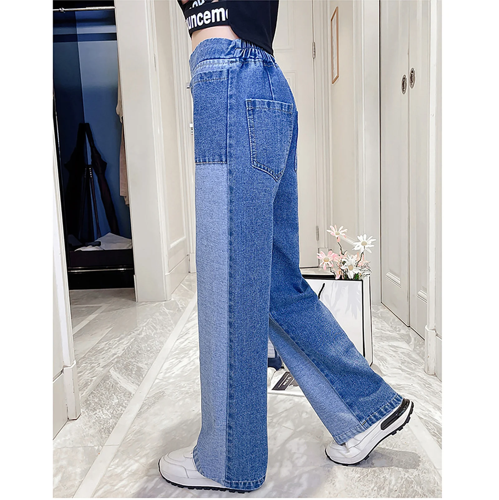 Blue Kids Girls Denim Elastic Waistband 