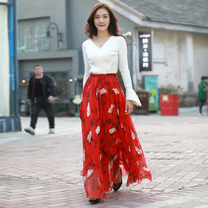 

2020 Summer hight waist Floral pleated bridesmaid skirt women Causal leisure bohemia beach Plus size Chiffon long maxi skirt