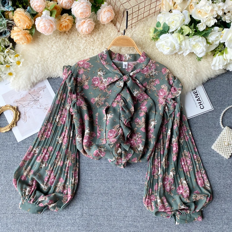 

2020 New Summer Sweet Flower Print Chiffon Shirt Women Chic Bow Neck Long Lantern Sleeve Ruffle Clothes Korean Tops and Blouse