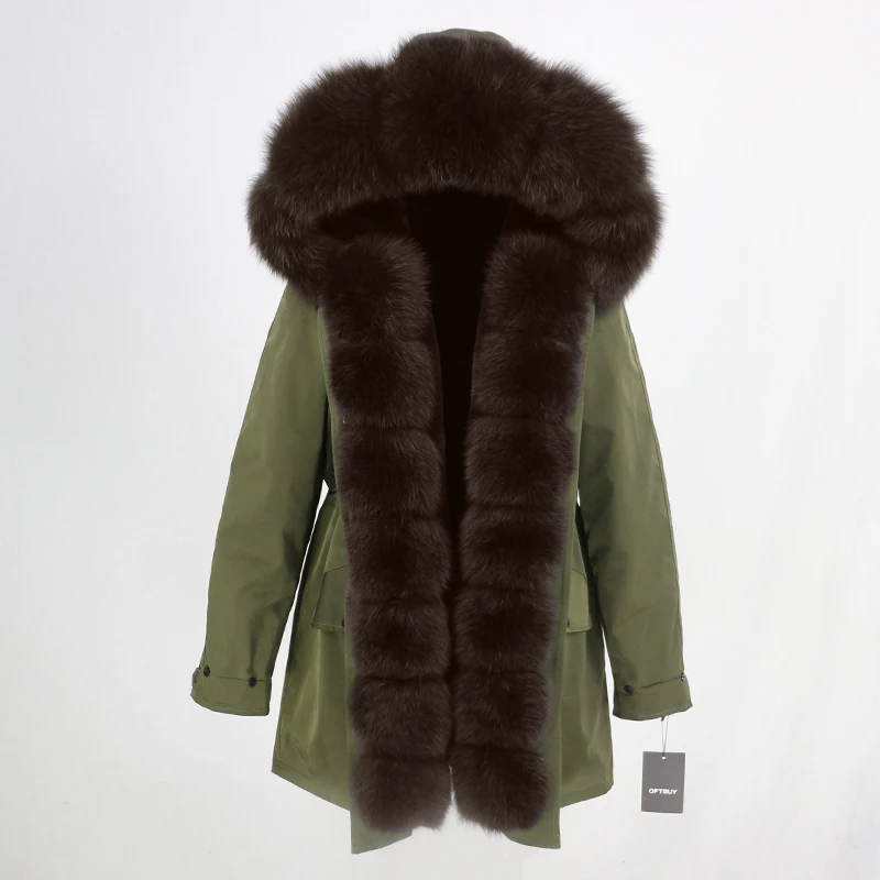 green dark brown Женское пальто с натуральным мехом OFTBUY, чёрная куртка с воротником из натурального лисьего меха, водонепроницаемая длинная парка, теплая уличная верхняя одежда со съемным мехом для зимы - Цвет: green dark brown