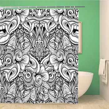 

Bathroom Shower Curtain Barong Traditional Ritual Balinese Mask Ornate Outline Black Polyester Fabric 72x72 inches Waterproof