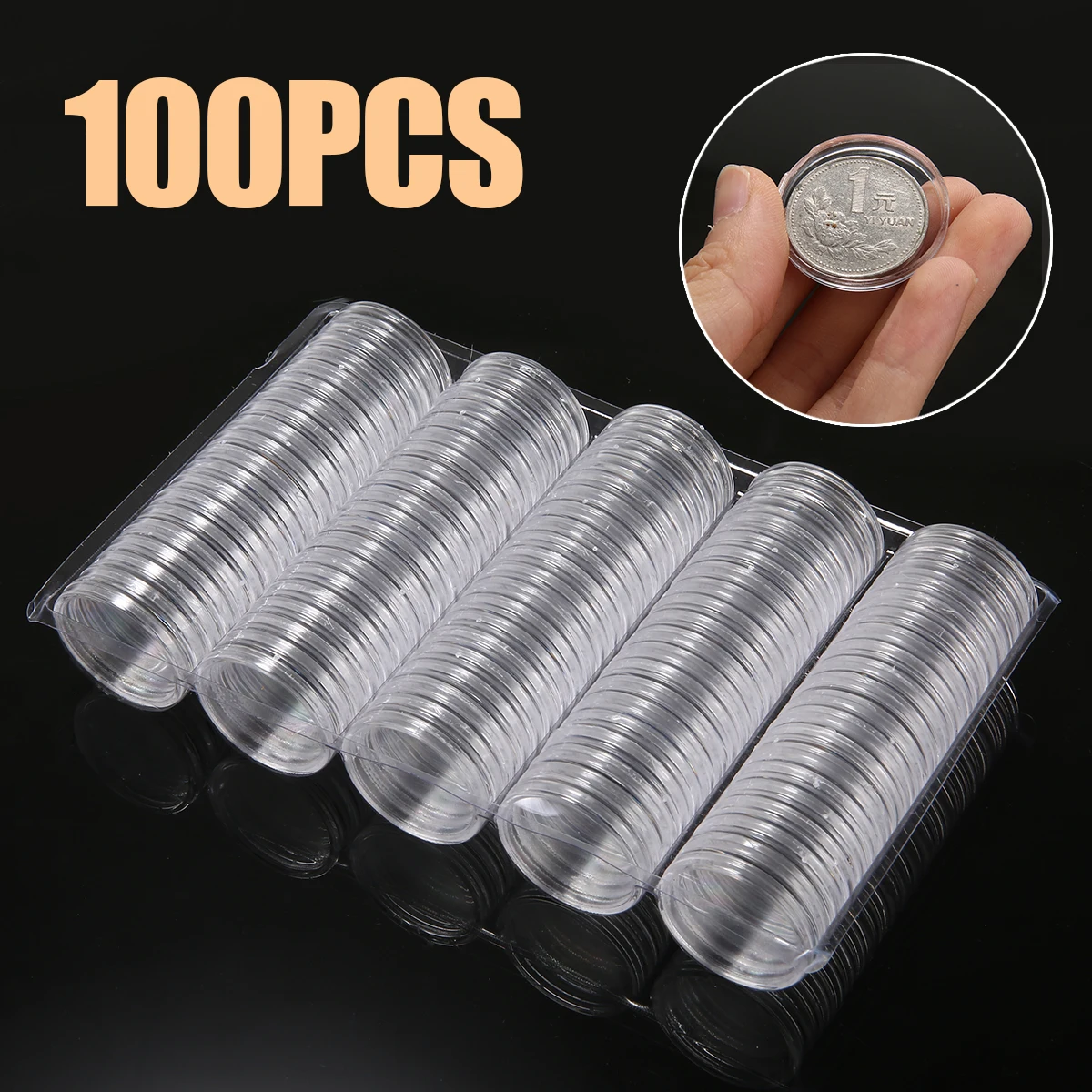 100 шт, новинка, 27 мм, круглые капсулы для монет, чехол для хранения монет, пластиковый контейнер, прозрачная коробка для хранения монет для 2 евро монет