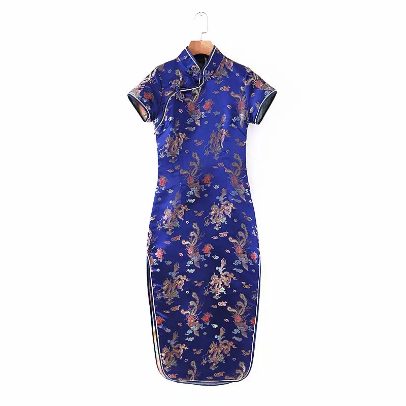 Linjiashop атласное китайское платье chenogsam женская уличная одежда темно синий