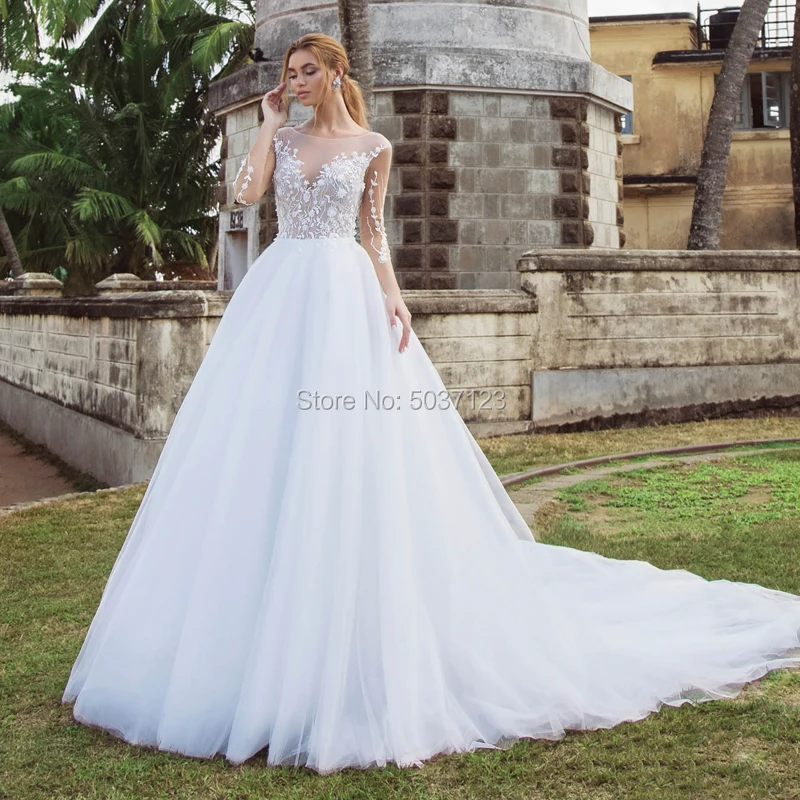 ^Cheap Vestidos De Noiva Lange Mouwen EEN Line Tulle Wedding Dresses Scoop Kant Applicaties Open Back Sweep Trein Bruiloft Bruidsjurk